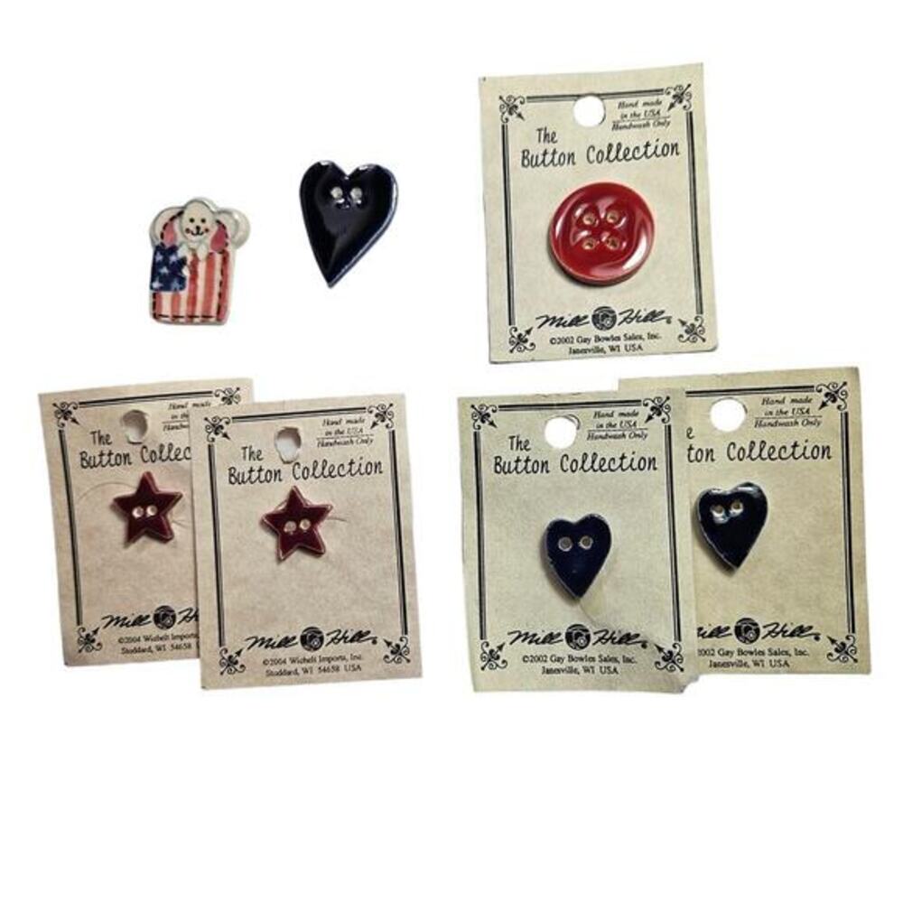 Mill Hill Americana Patriotic Ceramic Buttons Lot of‎ 7 Stitching Variety New